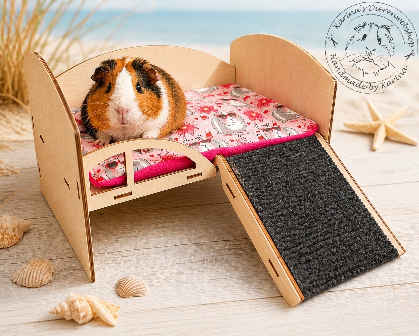 Houten cavia bedje met trappetje en kussen NIEUW
