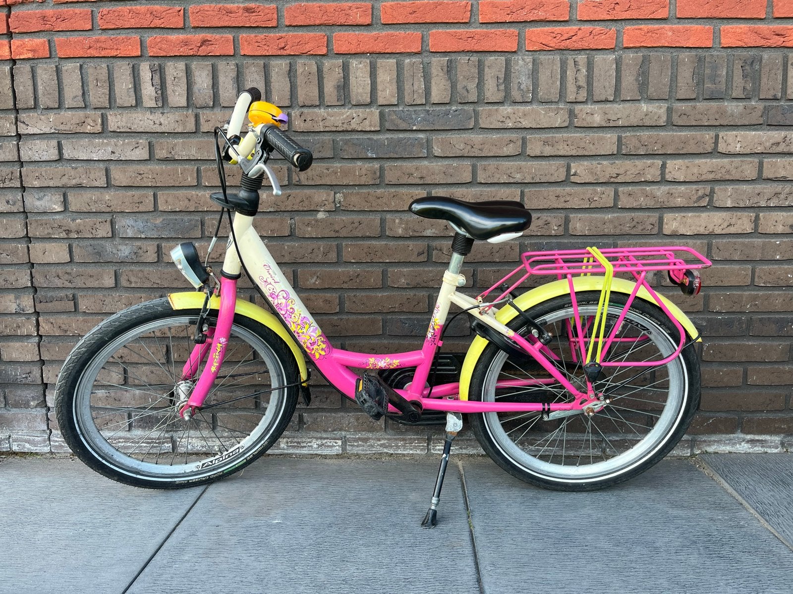 Alpina kinderfiets 20 inch - roze/geel, Ophalen, Terugtraprem, Gebruikt, Handrem