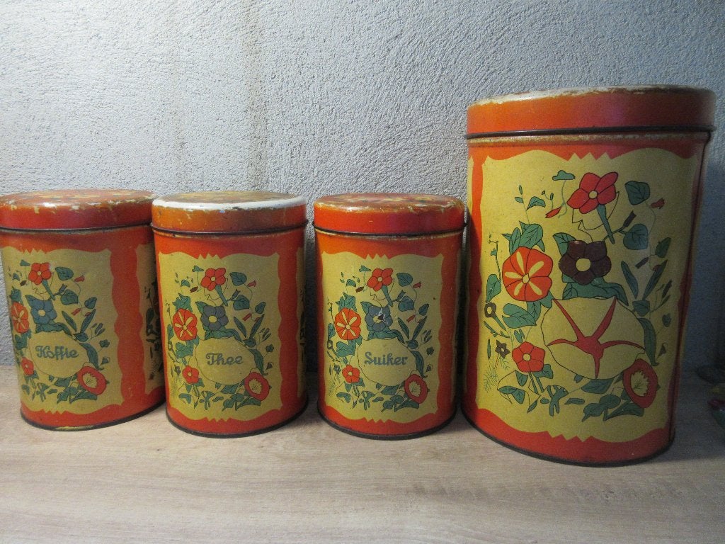 Vintage oranje koffie thee en suiker blikken, Ophalen of Verzenden, Gebruikt, Koek(jes)