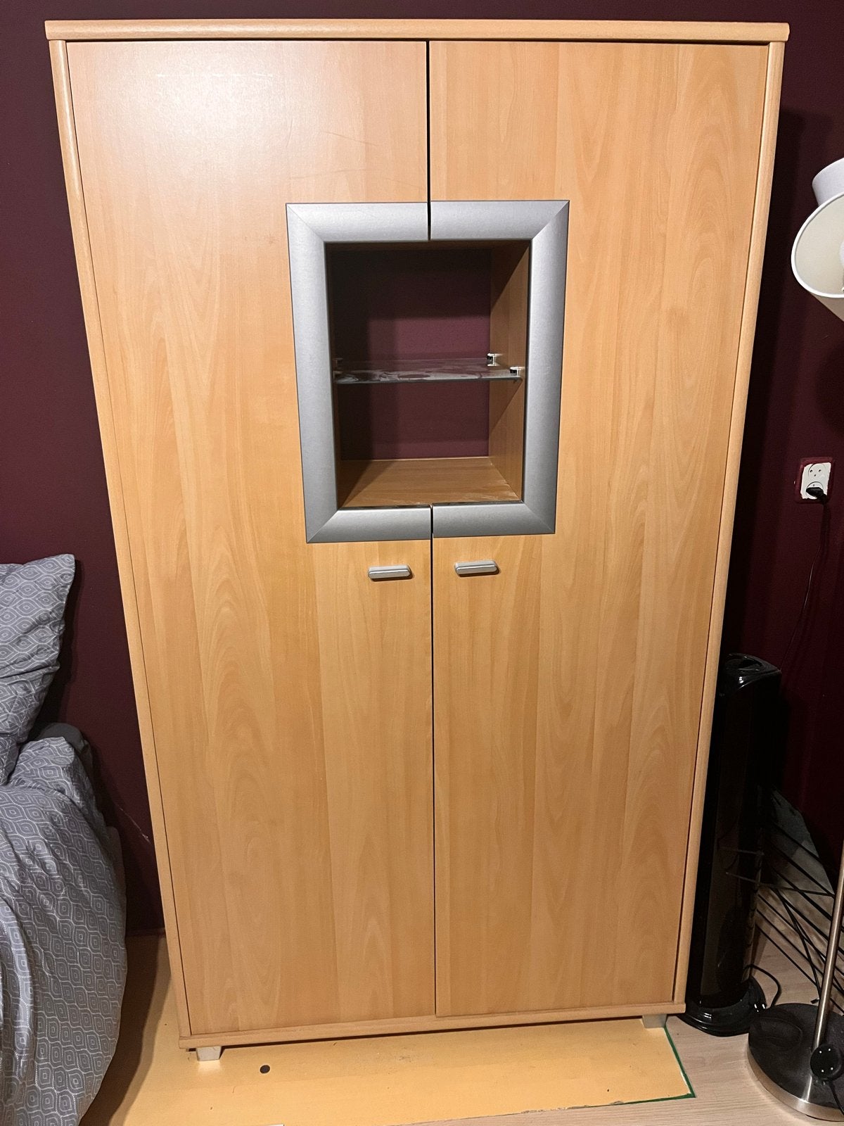 Houten kast met glazen vitrine en planken, Ophalen, Gebruikt, 50 tot 100 cm, 150 tot 200 cm