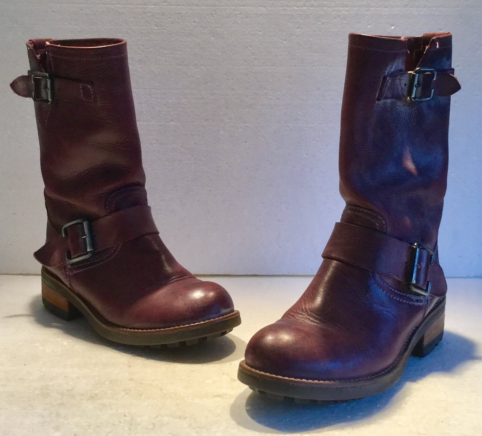Design / biker boots hoge laarzen bruin / wijn rood leer 36, Ophalen of Verzenden, Overige kleuren, Hoge laarzen