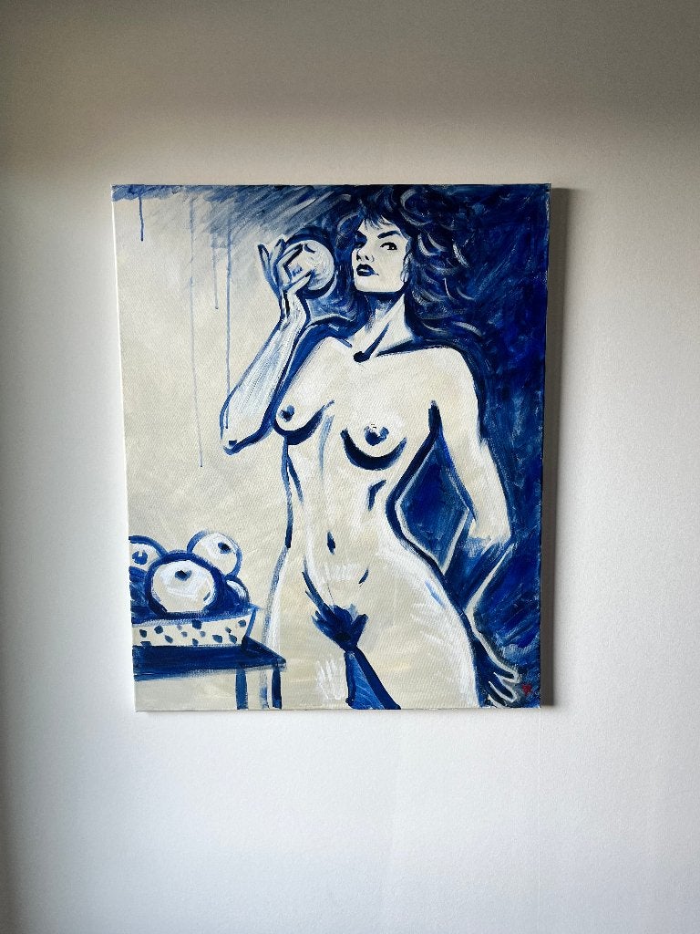 Figuratief schilderij vrouw – blauw – 65x82 cm, Antiek en Kunst, Kunst | Schilderijen | Modern, Ophalen, Gesigneerd, Textiel, Figuren