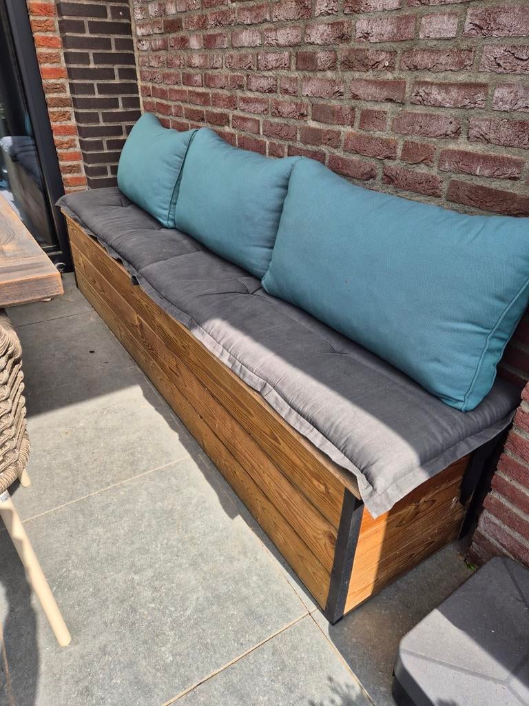 Houten tuinbank met opbergruimte en kussens, Ophalen, Gebruikt, Hout