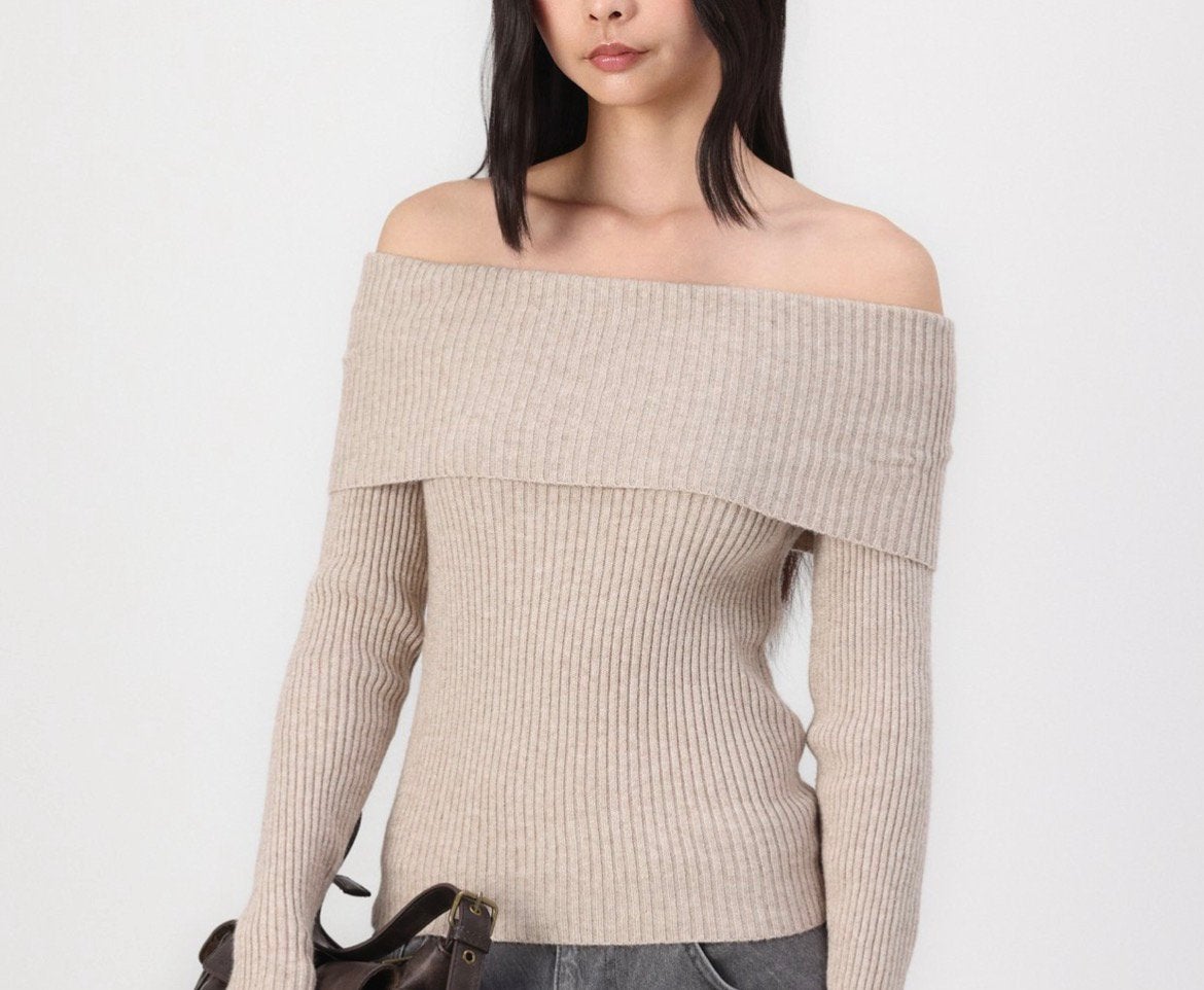 Only ribgebreide trui -off shoulder- Valt als M/L, Verzenden, Zo goed als nieuw, Maat 38/40 (M), Beige