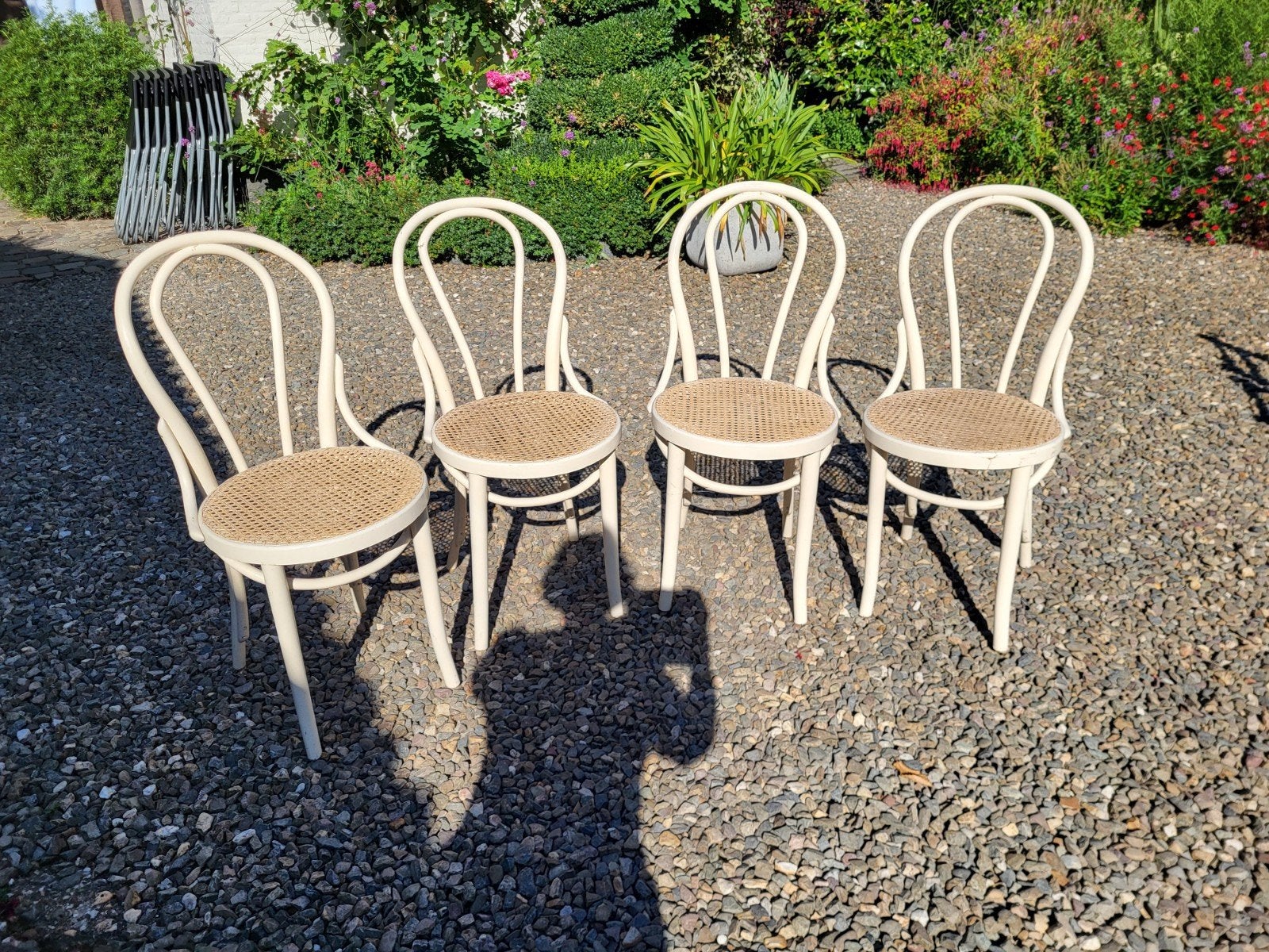 Set van 4 stoelen met rotan zitting, Ophalen, Gebruikt, Wit, Hout