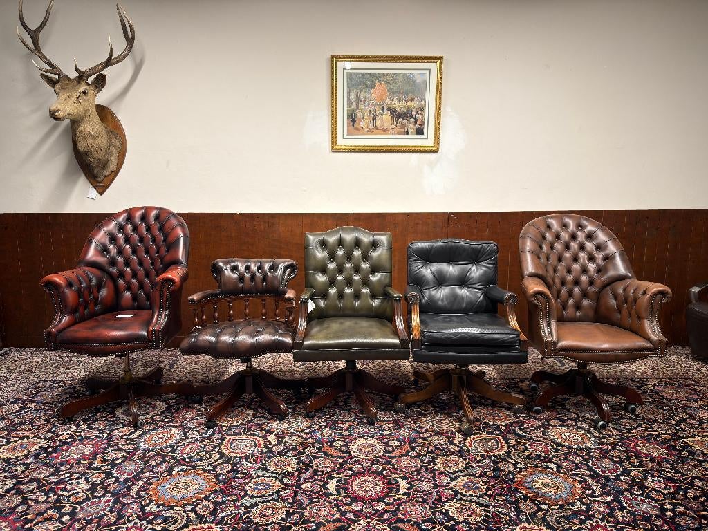 Ruime keuze antieke Engelse Chesterfield bureaustoelen leer, Huis en Inrichting, Bureaustoelen, Ophalen, Zo goed als nieuw, Zwart