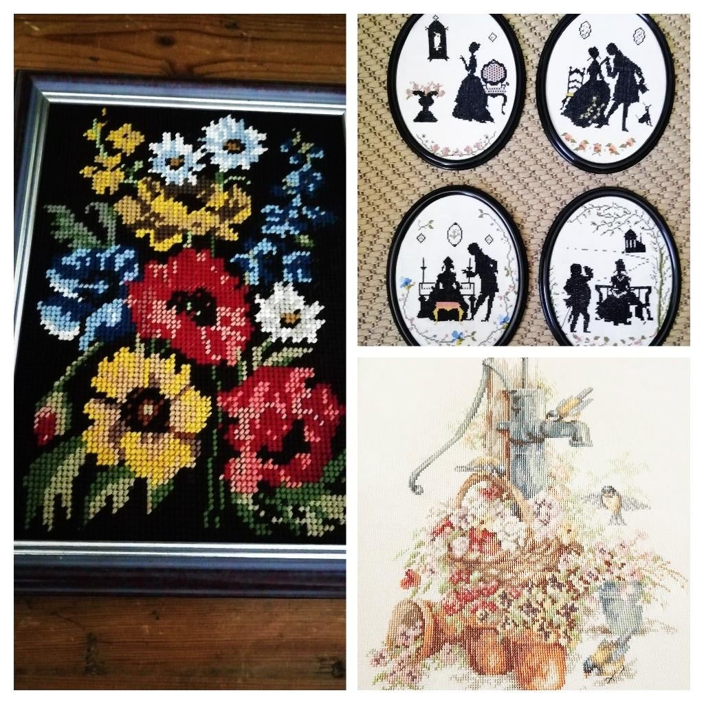 Vintage geborduurd bloemen vogels botanisch zwart/wit retro, Ophalen of Verzenden
