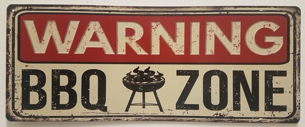 Warning BBQ Zone barbecue reclamebord van metaal wanddeco, Info@deconoord.nl, Deco Noord, Nieuw, Ophalen of Verzenden