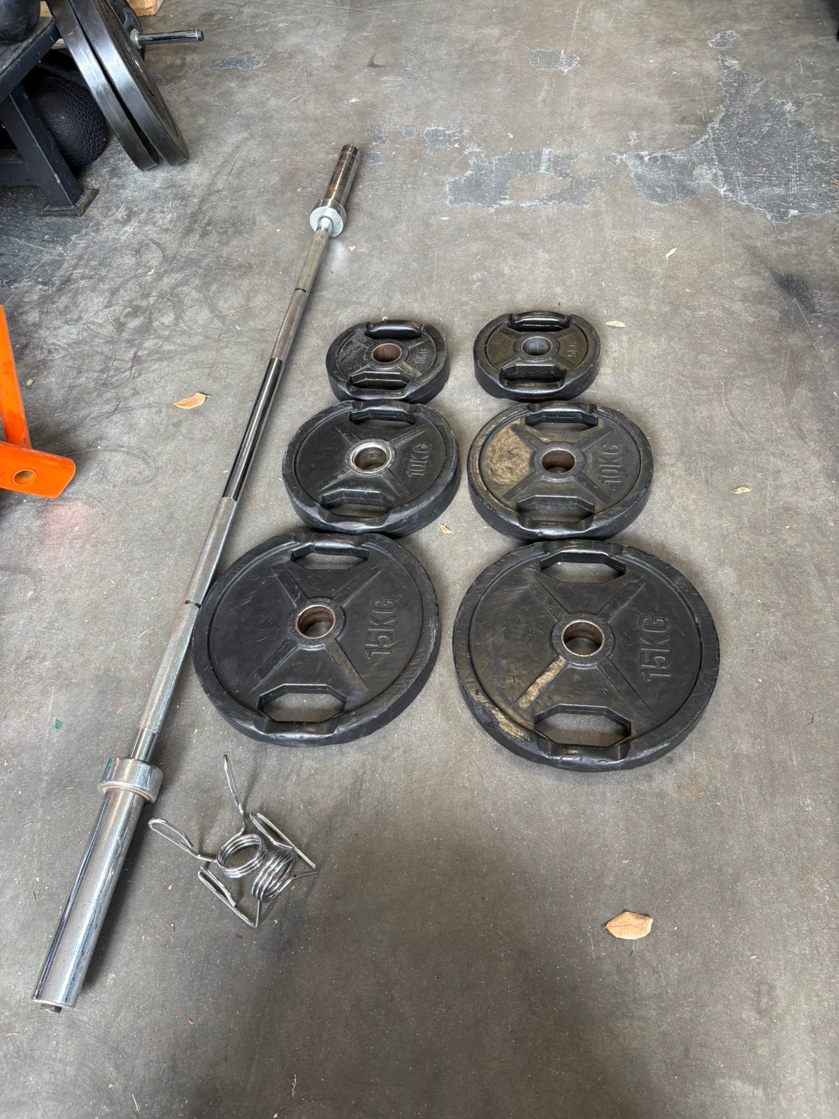 Olympische halter stang 180 cm met 60 kg schijven, Ophalen, 60 kg, Halterstang 180 cm, Halterset