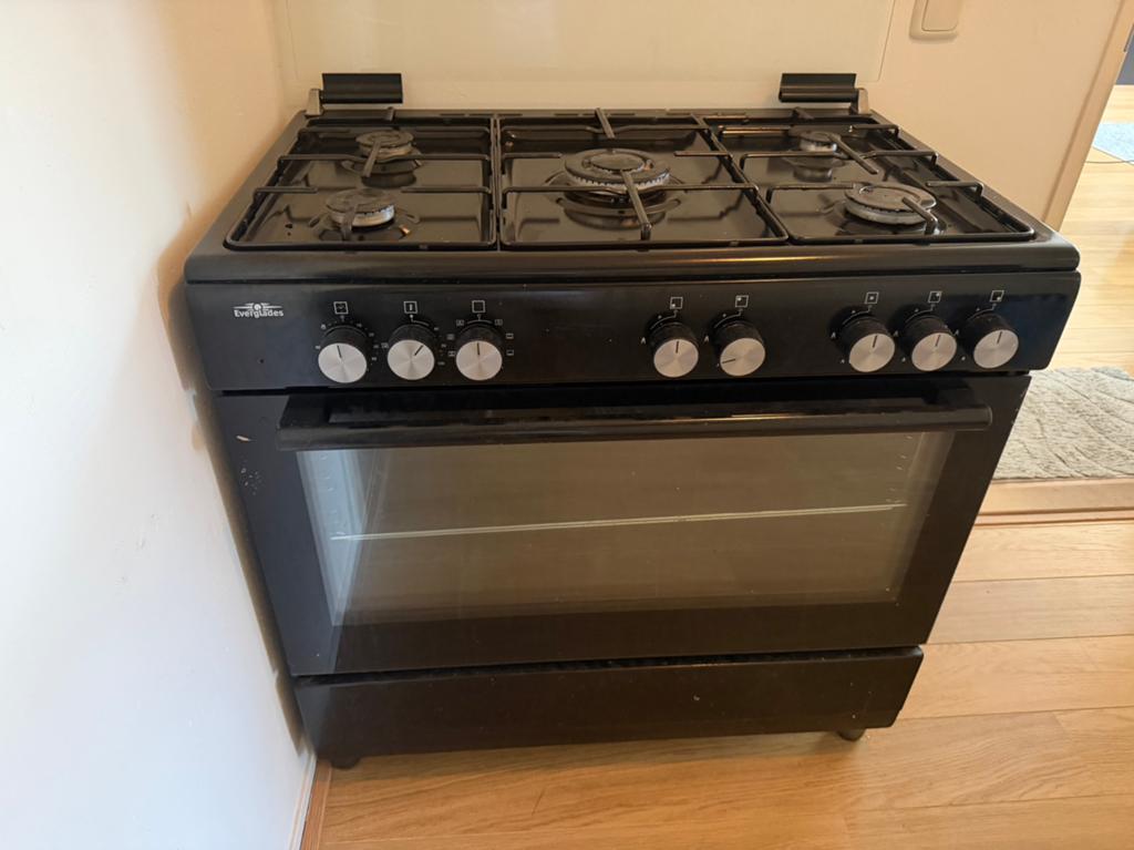 Everglades 90 cm gasfornuis met elektrische oven – 5 pits, Ophalen, Gebruikt, 60 cm of meer, Gas