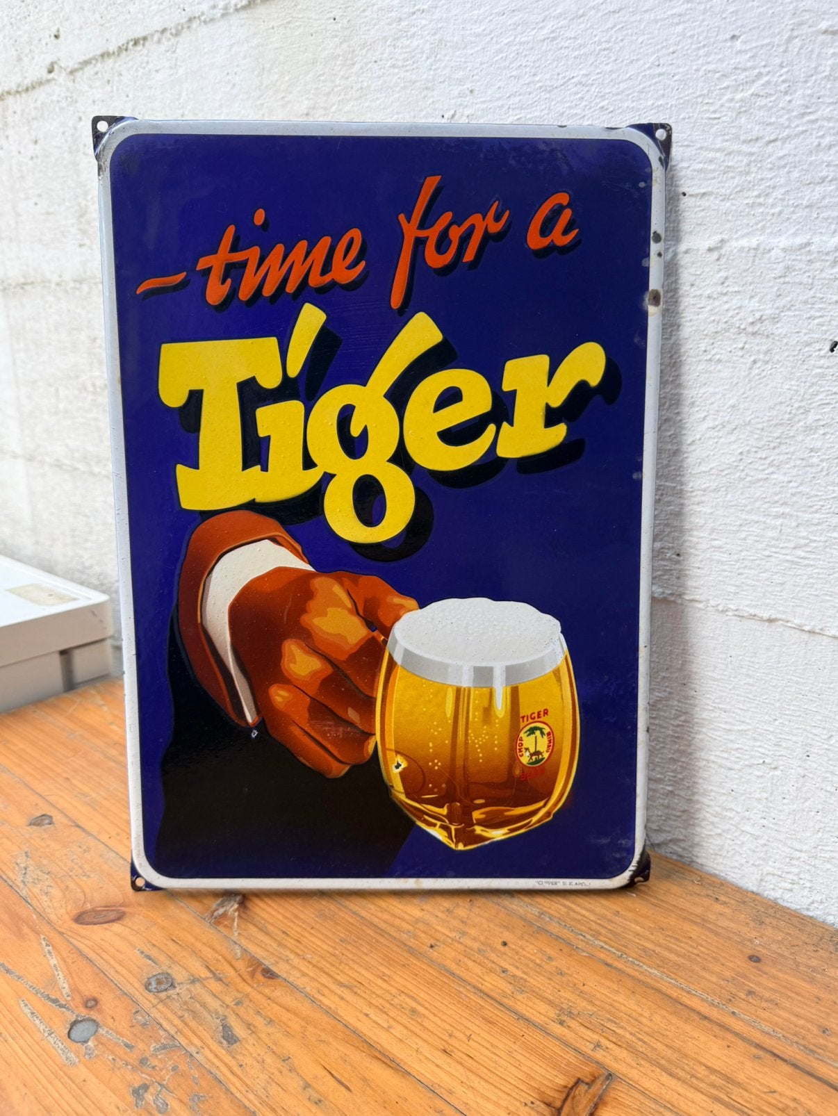 Emaille reclamebord Tiger Beer Singapore, Ophalen of Verzenden, Zo goed als nieuw, Reclamebord