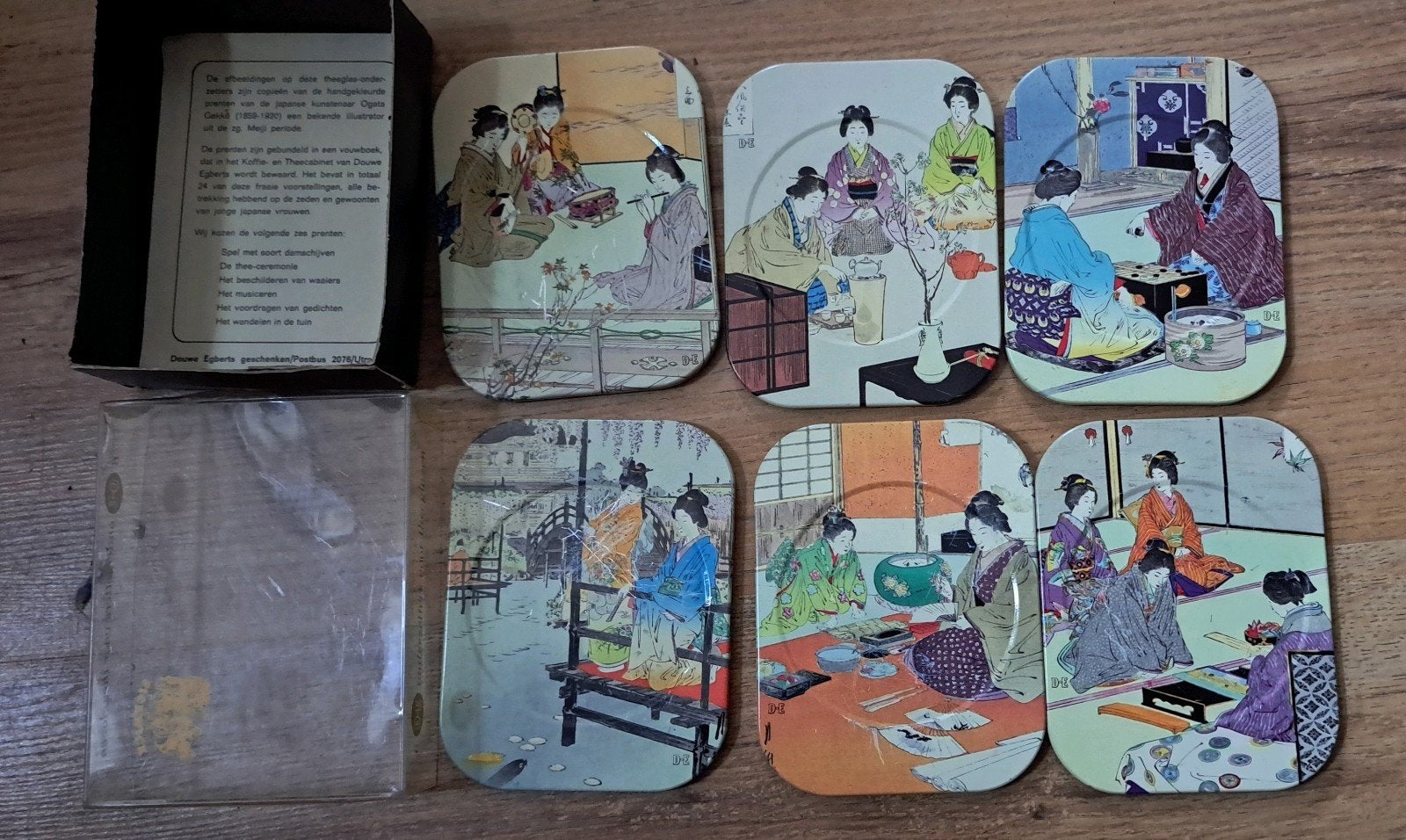 Vintage DE * Douwe Egberts theeglas-onderzetters Japanse pre, Info@douwe-egberts.nl, Glasonderzetter, Ophalen of Verzenden, Zo goed als nieuw