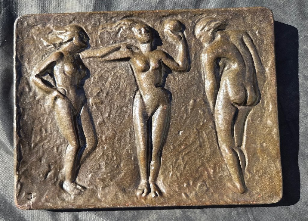 ~1930 De Drie Gratiën , giet ijzeren plaat, monogram, Antiek en Kunst, Groep mensen, Brutalistisch, Ophalen of Verzenden, Wanddecoratie