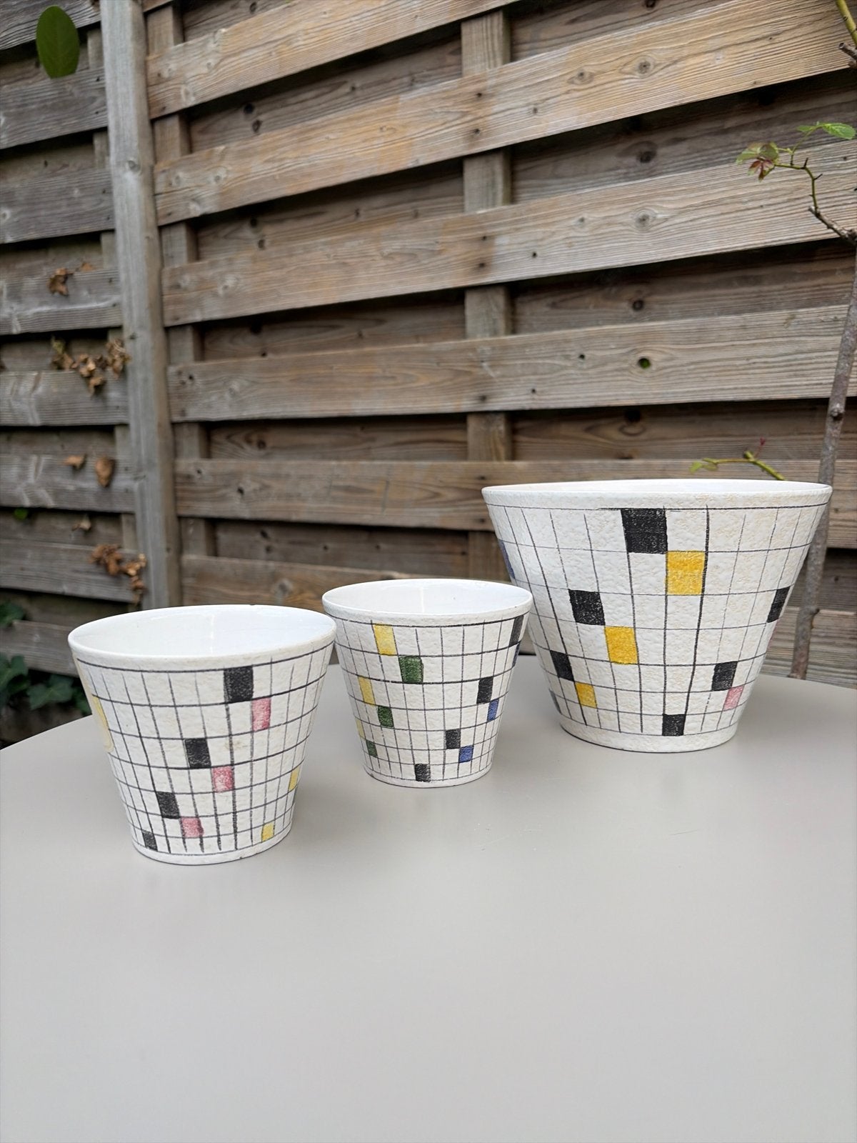 ADCO Mondriaan bloempotten 1958 - Set van 3, Gebruikt, Rond, Binnen, Ophalen of Verzenden