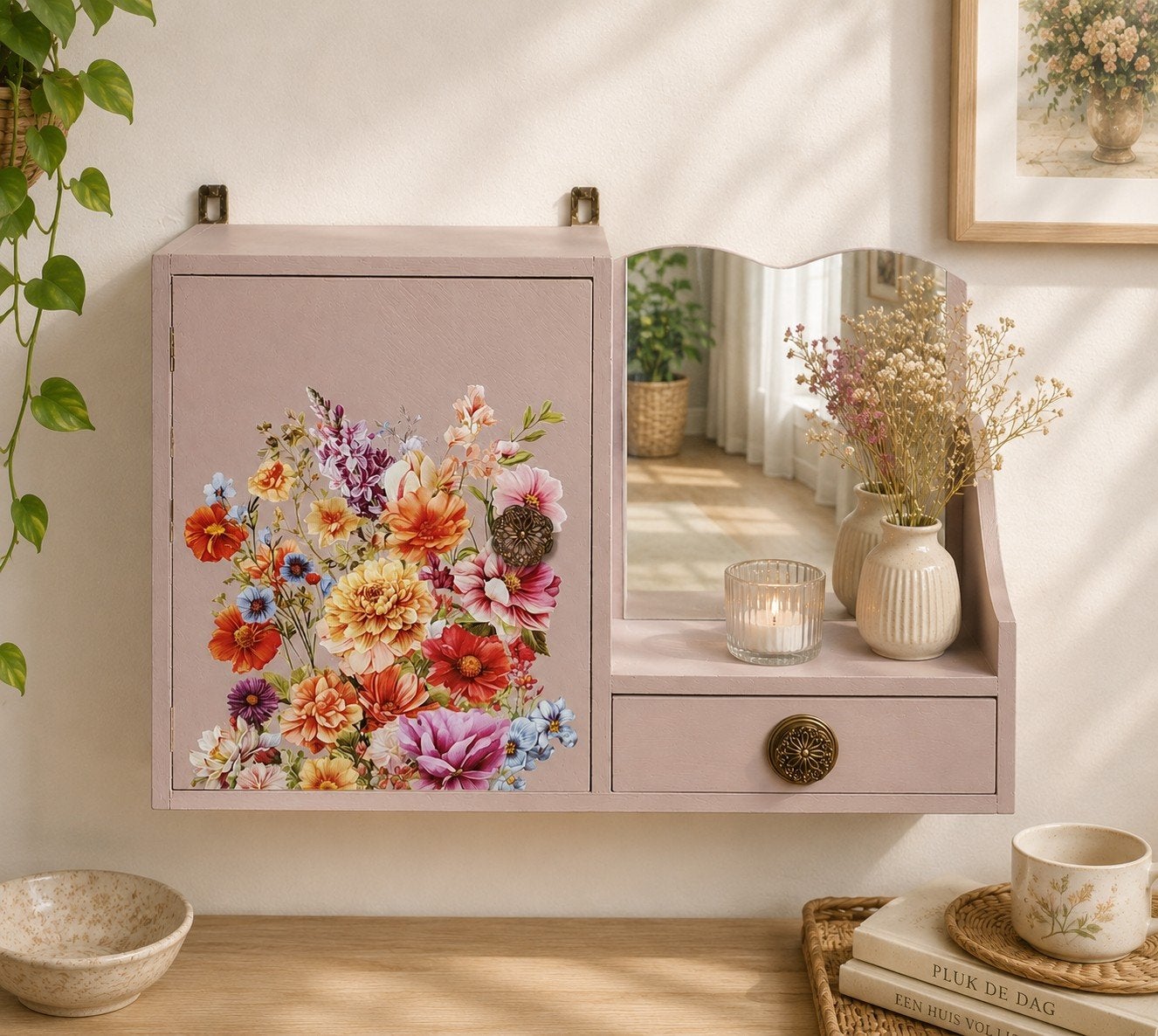 Schattig gerestyled antiek hangkastje in oud roze, Ophalen, Zo goed als nieuw