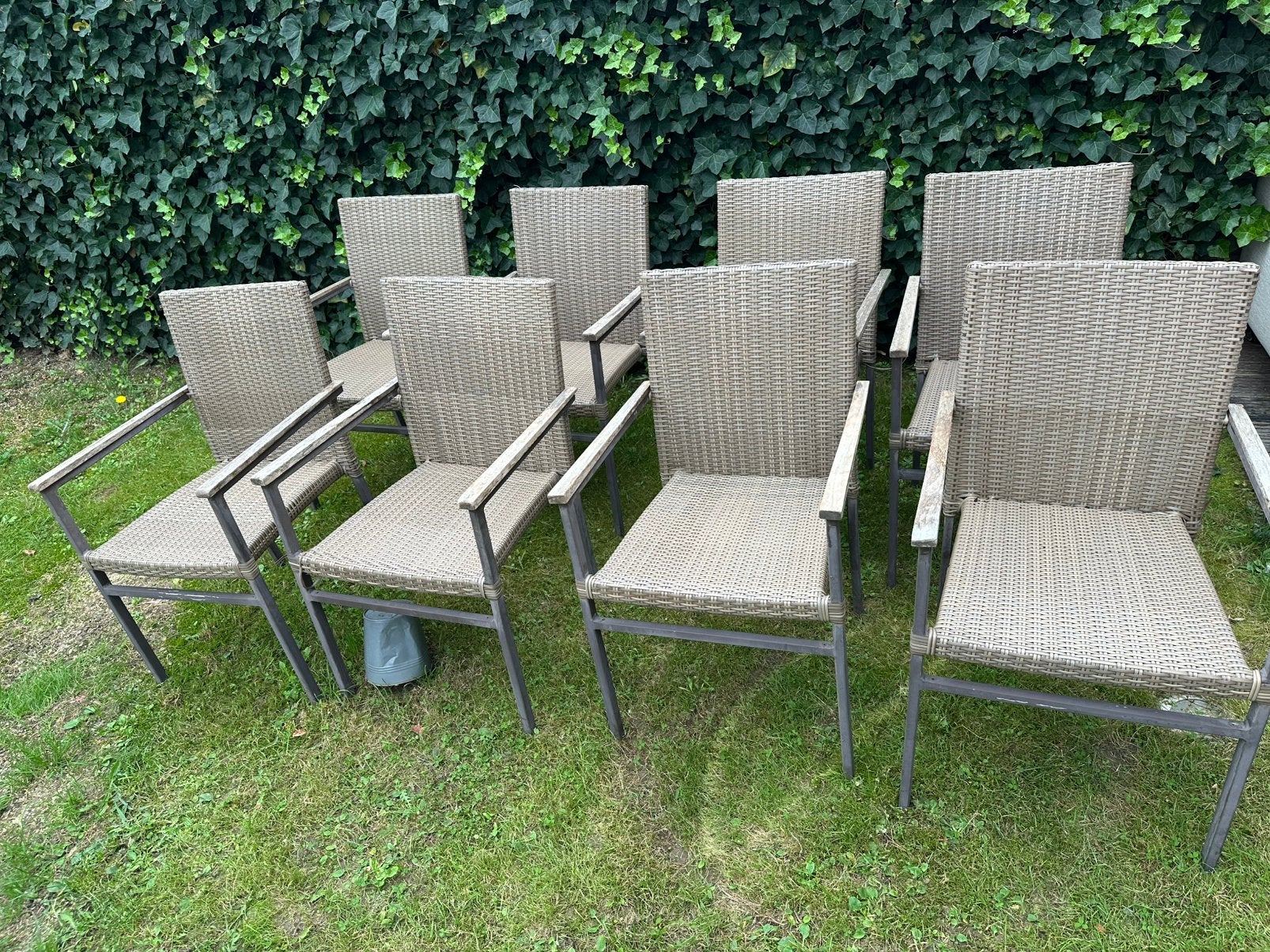 8 tuinstoelen met armleuning wicker met metelen frame, Tuin en Terras, Ophalen, Gebruikt, Wicker, Stapelbaar