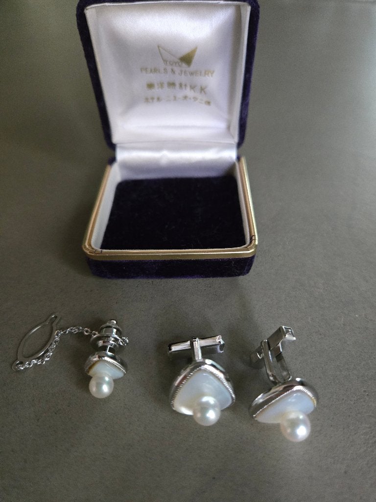 Vintage zilver manchetknopen, dasspeld akoya parels '65 Toyo, Ophalen of Verzenden, Nieuw, Zilver