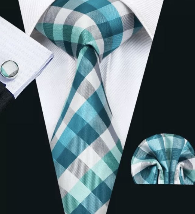 100% zijde Stropdas Pochet Manchetknopen Blauw Wit -NIEUW-, Ophalen of Verzenden, Nieuw, Blauw, Met patroon