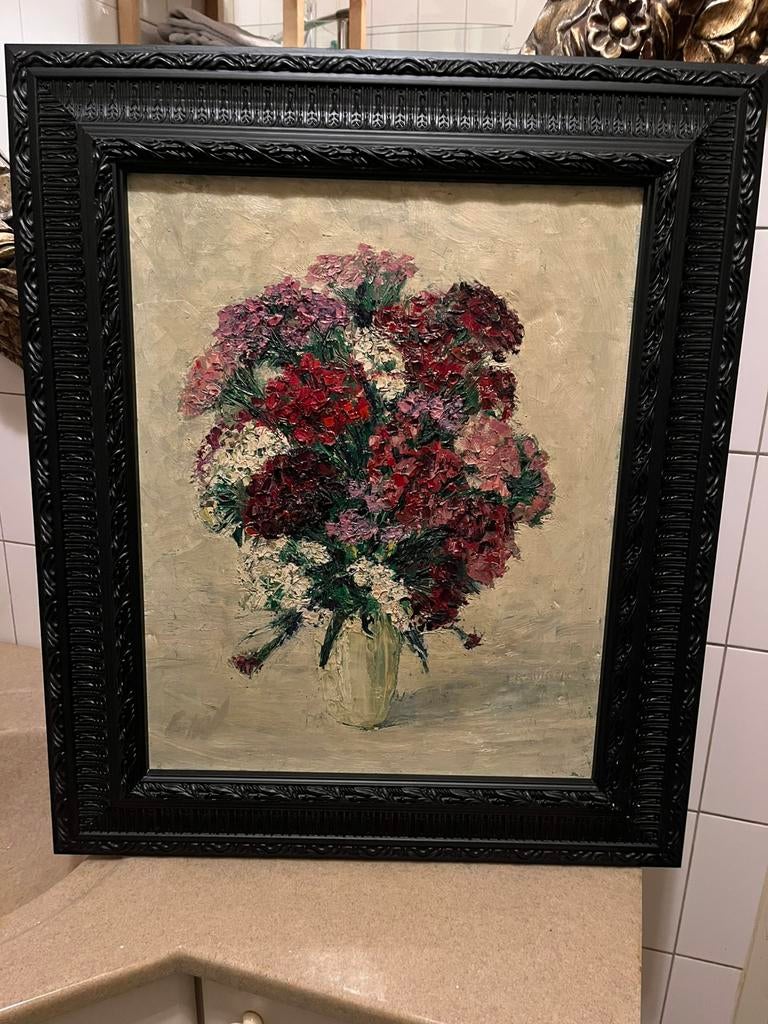 Antiek olieverf bloemen schilderij, Ophalen of Verzenden