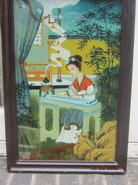 Mooi JAPANS ?? Achter glasschilderijtje Informatie gevraagd, Ophalen, Schilderij