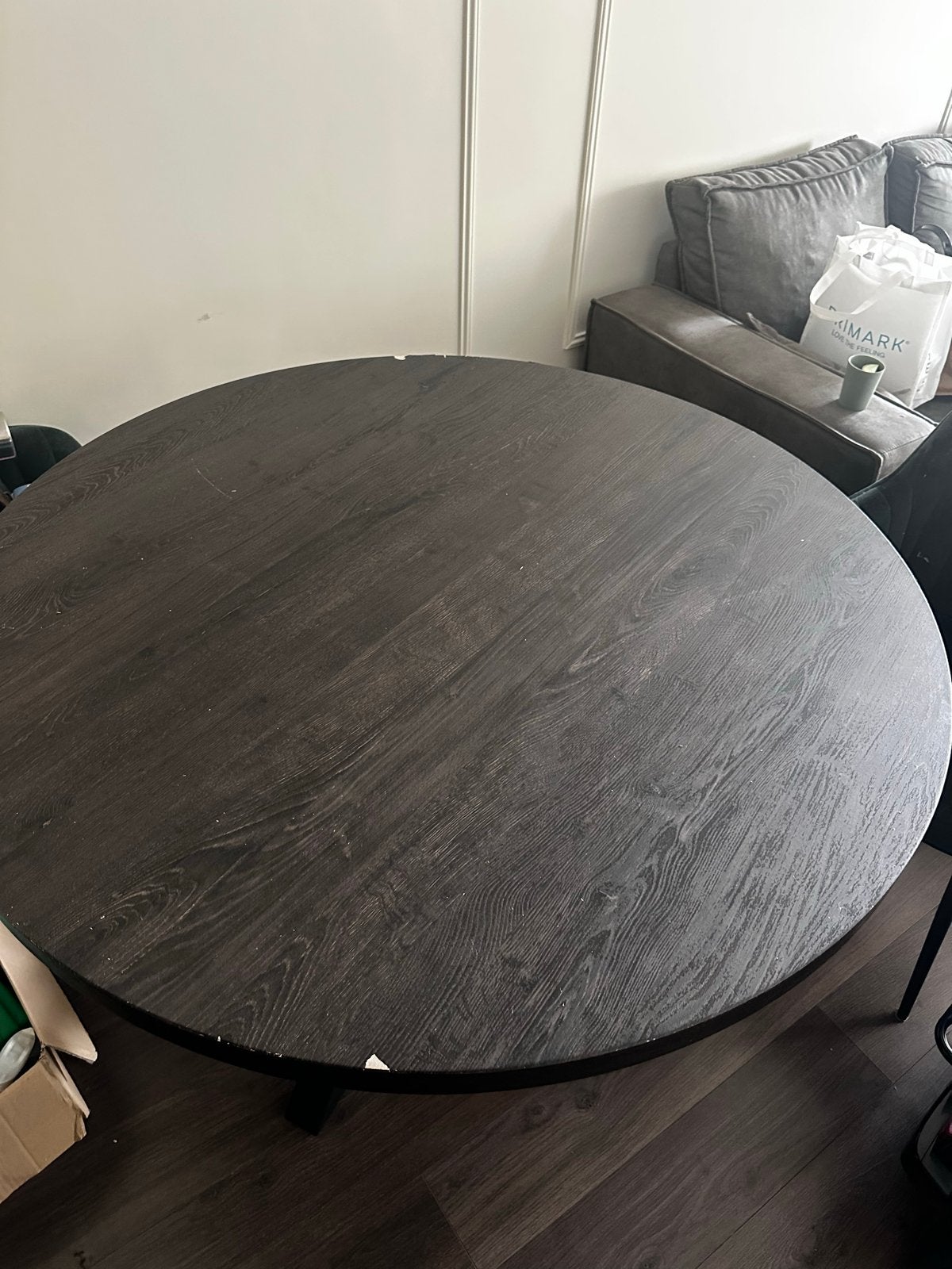 Ronde eettafel zwart houtlook met metalen onderstel, Huis en Inrichting, Ophalen, Gebruikt, Rond, Overige houtsoorten