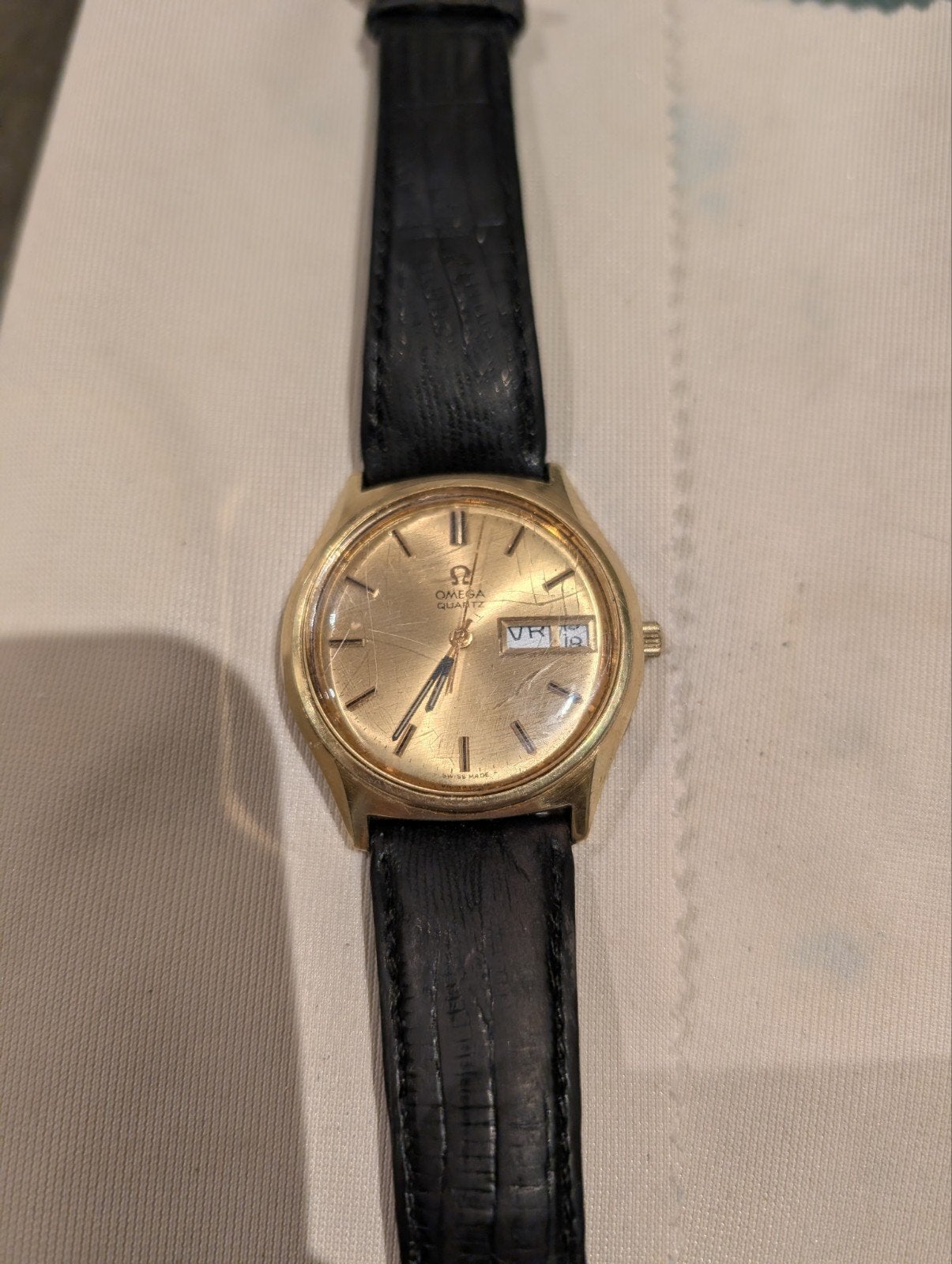 Omega herenhorloge jaren '70 - Verguld, Dag/Datum, Ophalen of Verzenden, Gebruikt, Leer, Omega