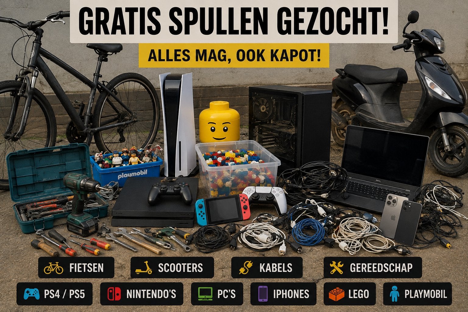 Gratis spullen gezocht – fietsen, scooters, elektronica, Ophalen, Zo goed als nieuw
