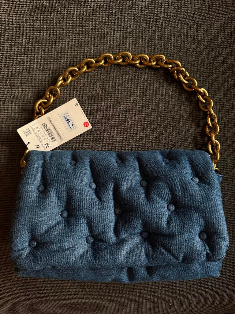 Zara Denim Gewatteerde Tas met Gouden Ketting, Ophalen of Verzenden, Nieuw, Blauw, Schoudertasje