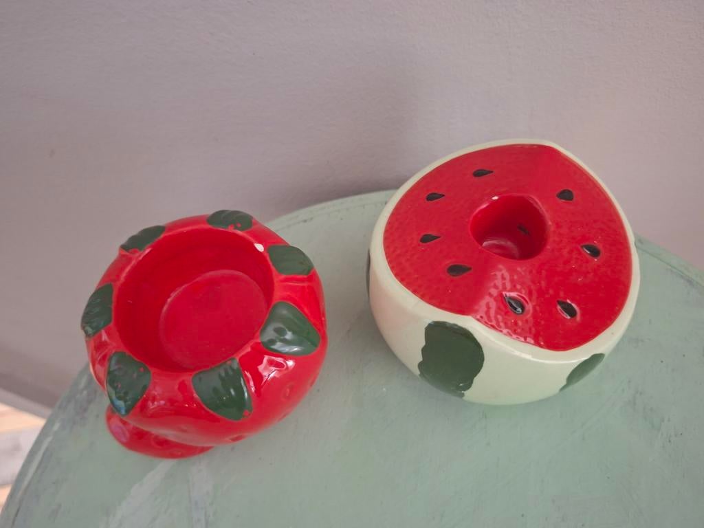 Kaarsenhouders in fruitvormen, meloen & aardbei., Ophalen of Verzenden, Nieuw, Overige materialen, Minder dan 25 cm