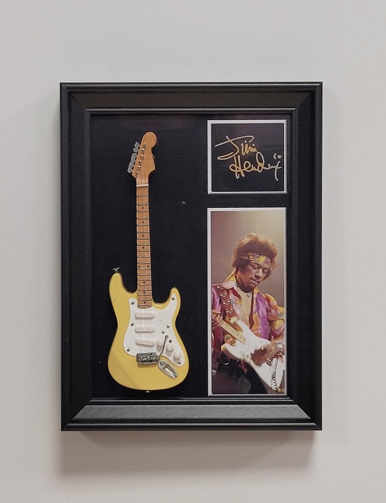Jimi Hendrix miniatuur gitaar op lijst wanddeco decoratie, Info@deconoord.nl, Deco Noord, Nieuw, Ophalen of Verzenden