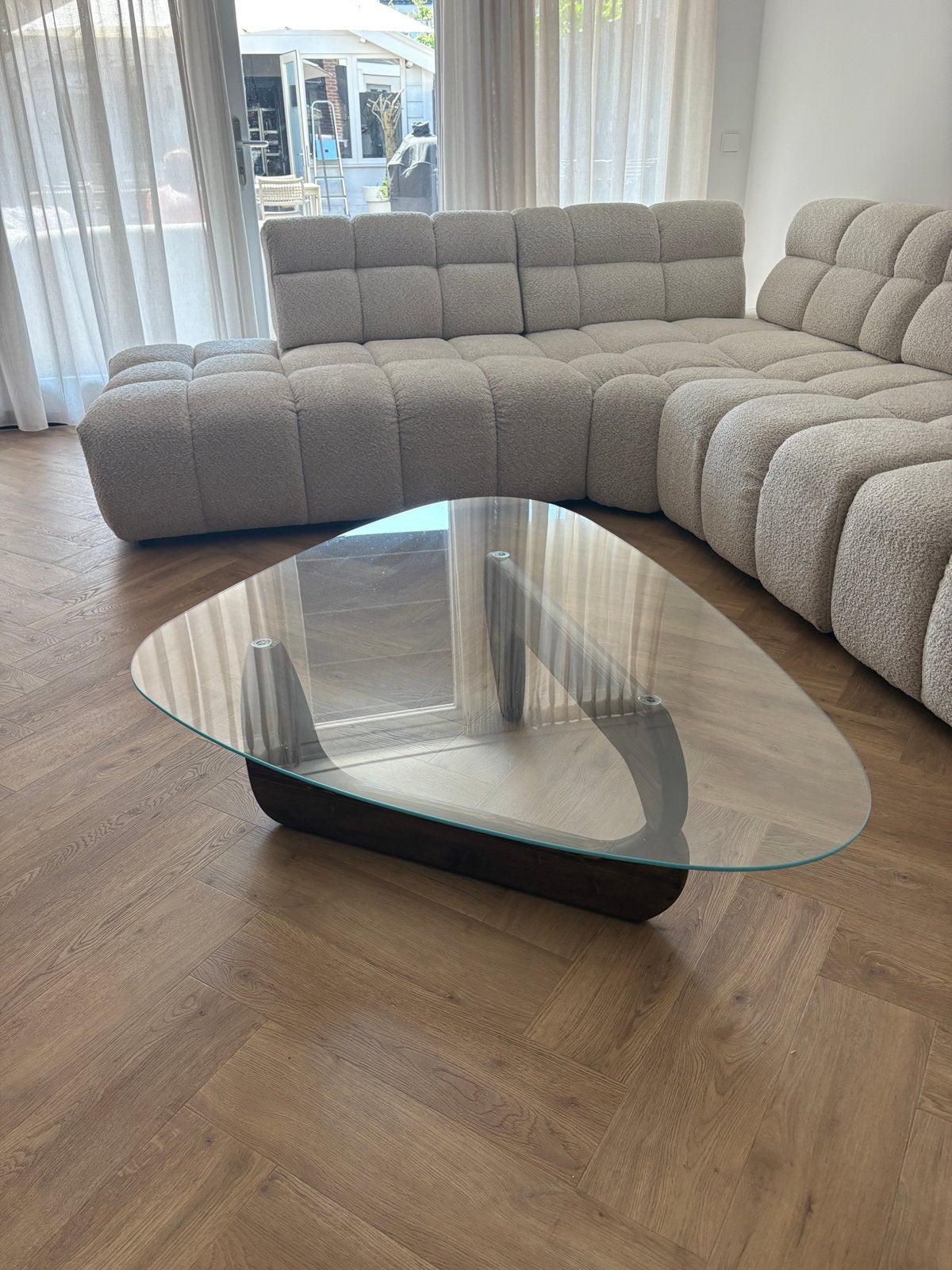 Organische Salontafel Walnoot - Gehard Glas - 130x90, Ophalen, 100 tot 150 cm, Nieuw, 50 tot 100 cm