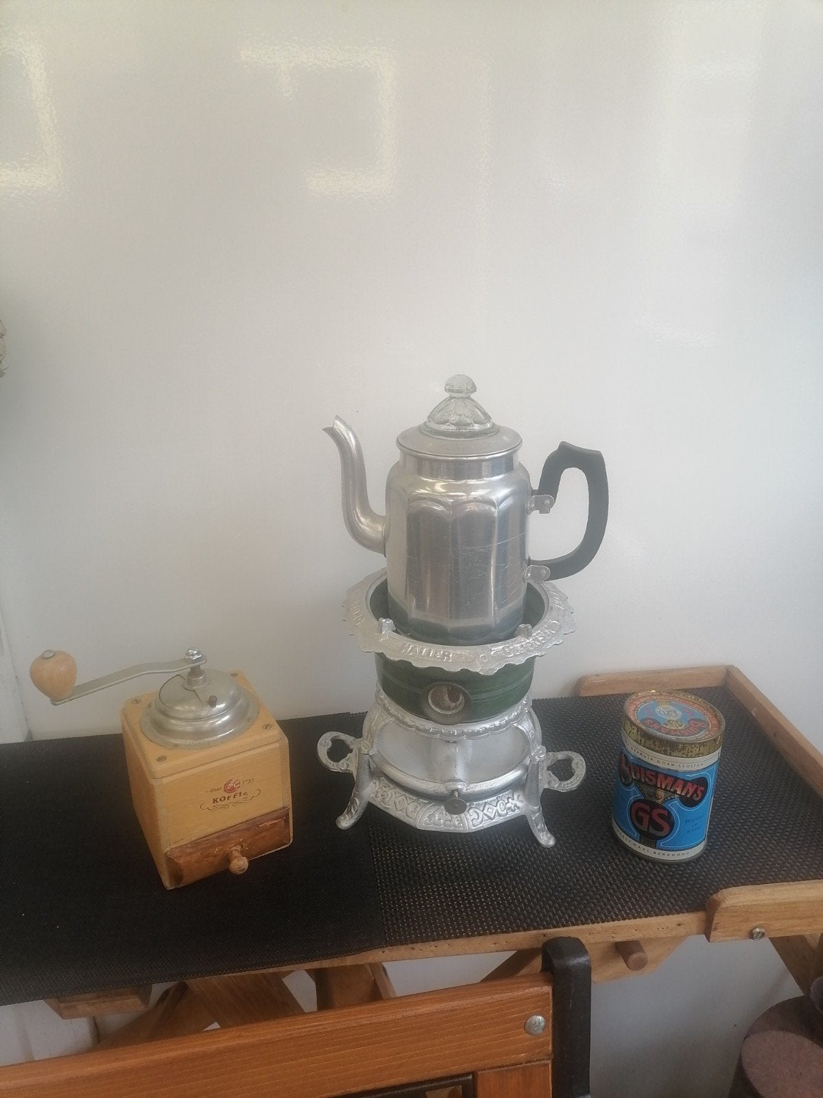 Vintage Petroleumstel met Koffiepot en Buisman blikje, Antiek en Kunst, Ophalen of Verzenden