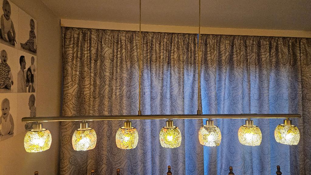 Mozaiek hanglamp met 7 kapjes, warm doorschijnend licht, Ophalen, Gebruikt, 50 tot 75 cm, Glas