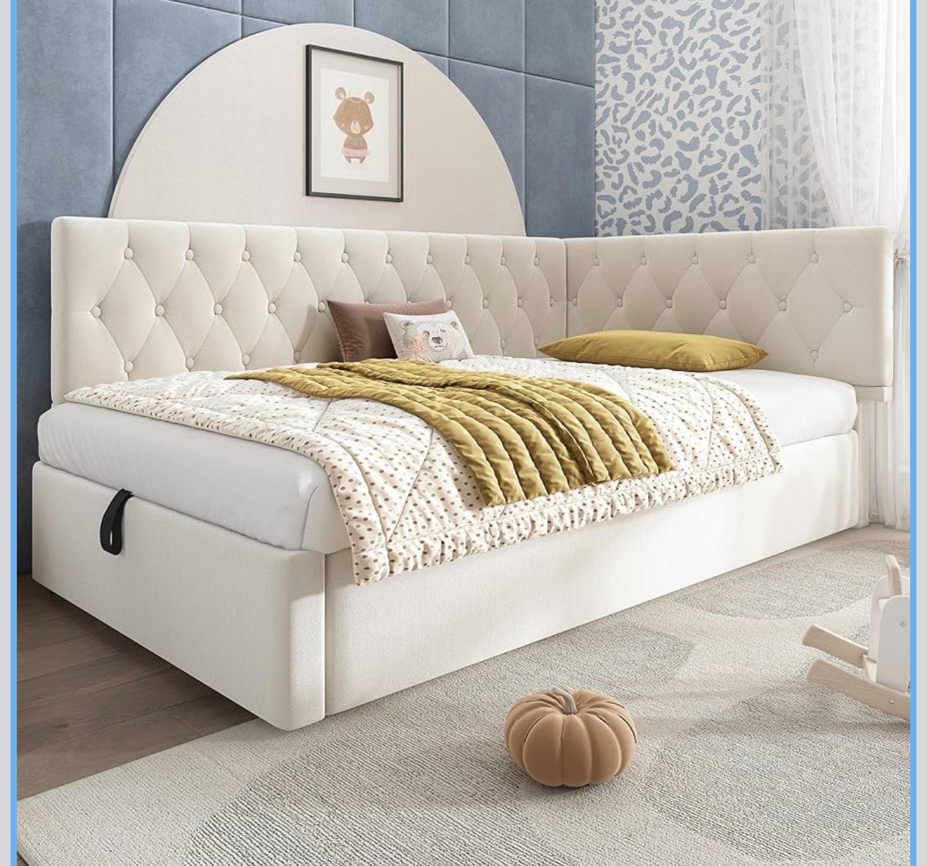 Gestoffeerd Dagbed 90x200cm met Opbergruimte - Beige Fluweel, Ophalen, 90 cm, Eenpersoons, Beige