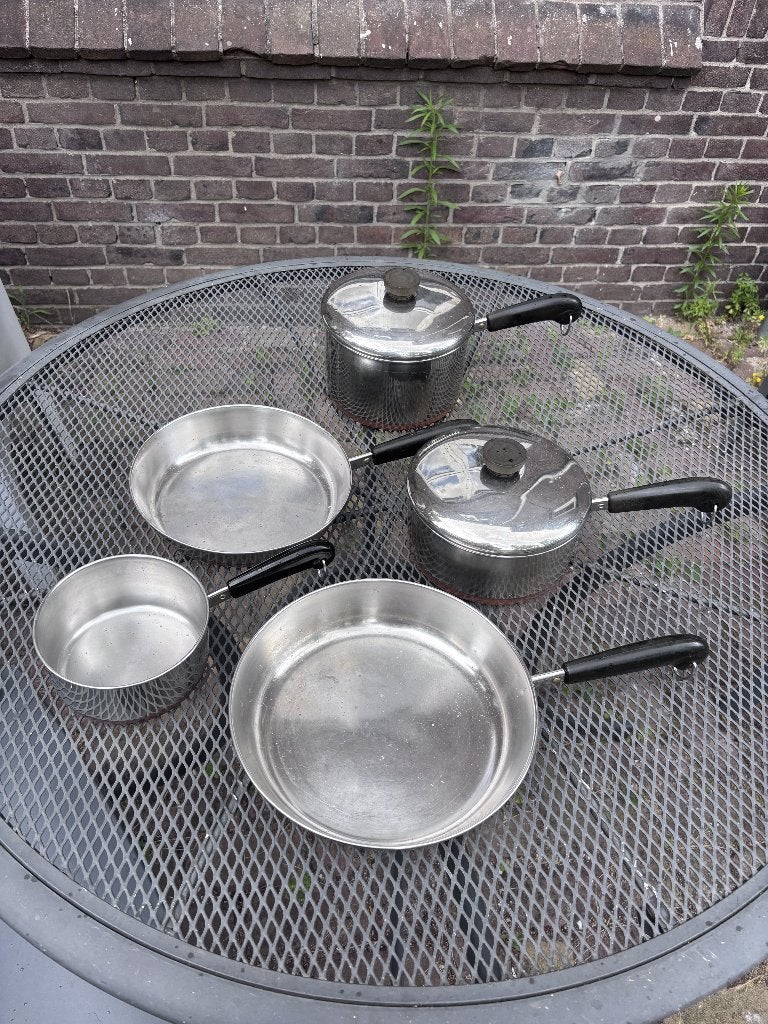 Vintage Revere Ware 1801 Pannenset (5-delig) – USA (1983), Gebruikt, Pannenset, Ophalen of Verzenden, Rvs