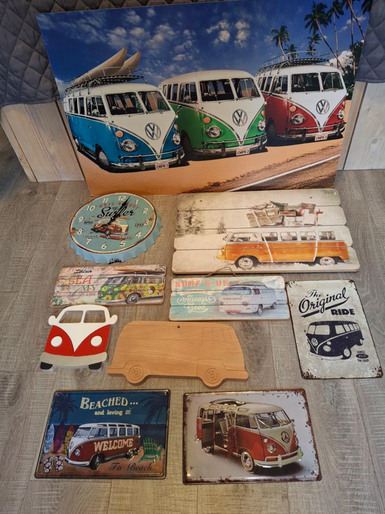VW Bus Camper Decoratie Set - Wandklok, Borden, Hout, Ophalen, Gebruikt