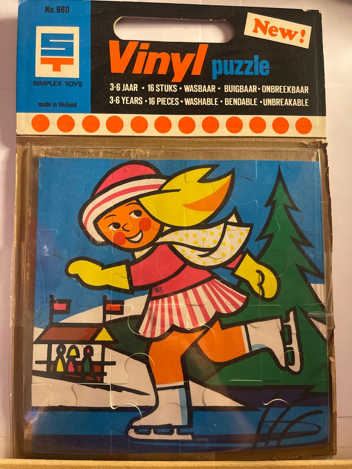 Vintage Simplex Toys Vinyl Puzzle Schaatsmeisje, Ophalen, 10 tot 50 stukjes, Zo goed als nieuw, 2 tot 4 jaar