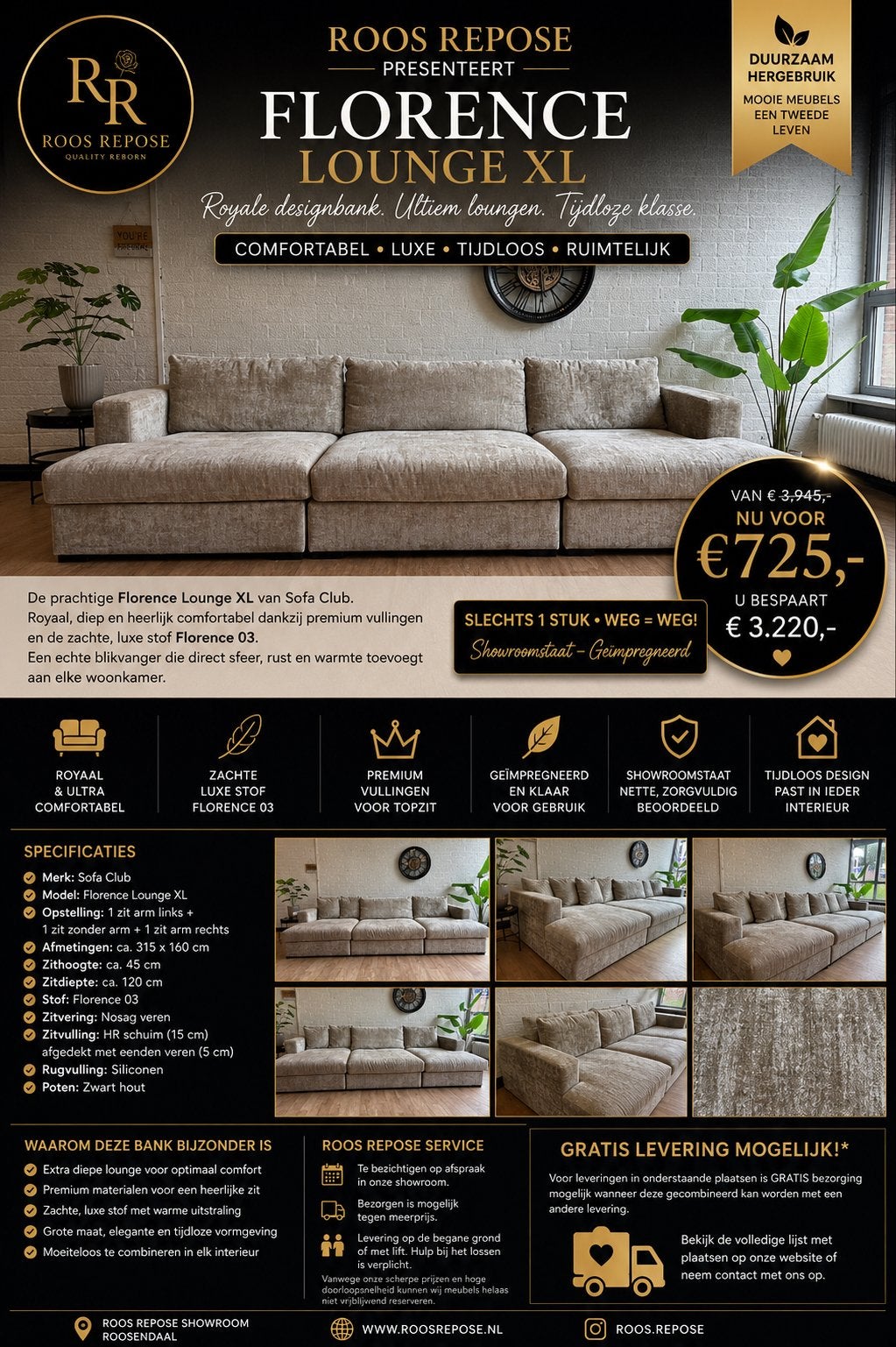 PRACHTIGE Florence lounge XL - Showroomstaat- Geïmpregneerd, 100 tot 125 cm, 300 cm of meer, Ophalen of Verzenden, Zo goed als nieuw