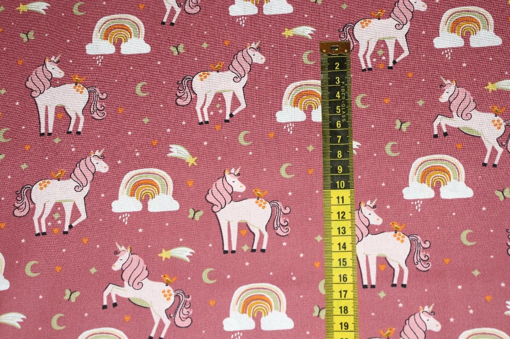 100% poplin katoen stof - paars eenhoorn regenboog #3685, 120 cm of meer, Ophalen of Verzenden, Katoen, Roze