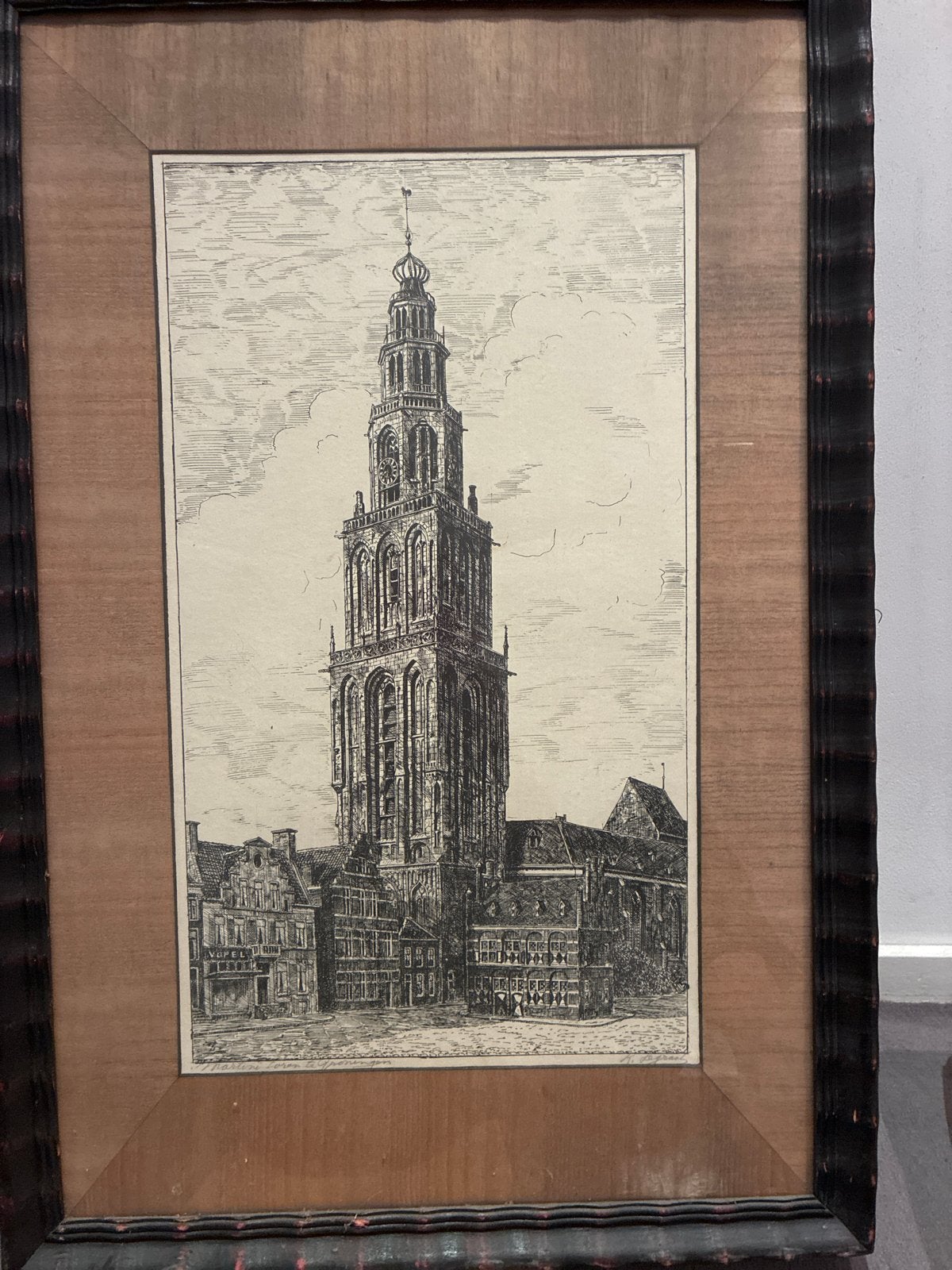 Antieke Ets van de Martinitoren in Groningen, Ingelijst, Ophalen, Ingelijst, 1800 - 1899, Ets
