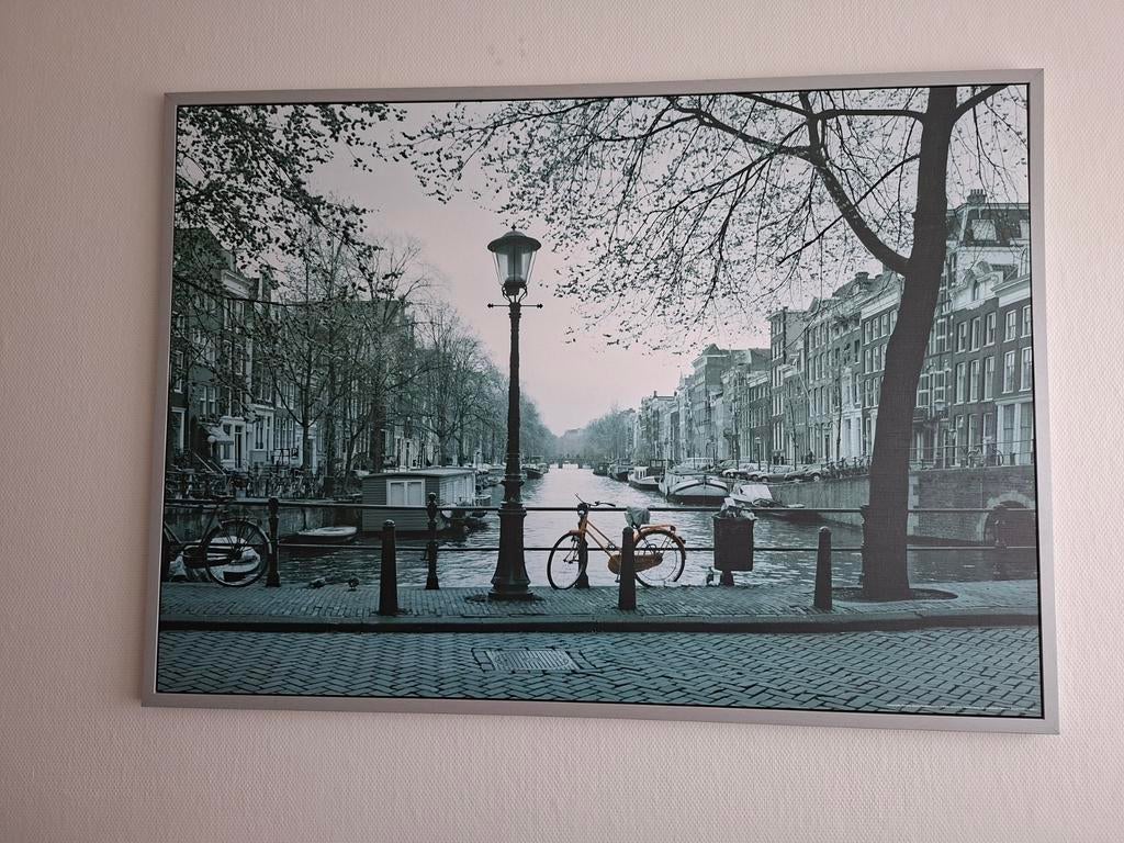 Amsterdam Gracht Zwart-Wit Canvas Schilderij, Ophalen, Zo goed als nieuw, Schilderij, 75 tot 100 cm
