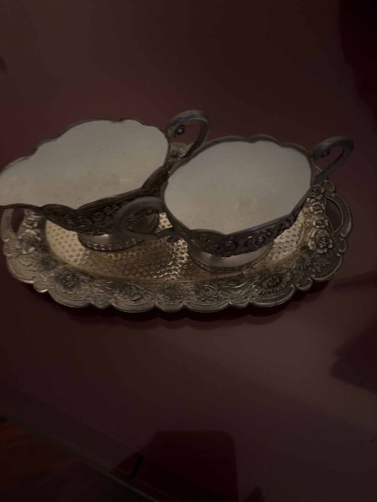 Antieke zilverkleurige suiker- en roomset op dienblad, Antiek en Kunst, Ophalen of Verzenden, Zilver