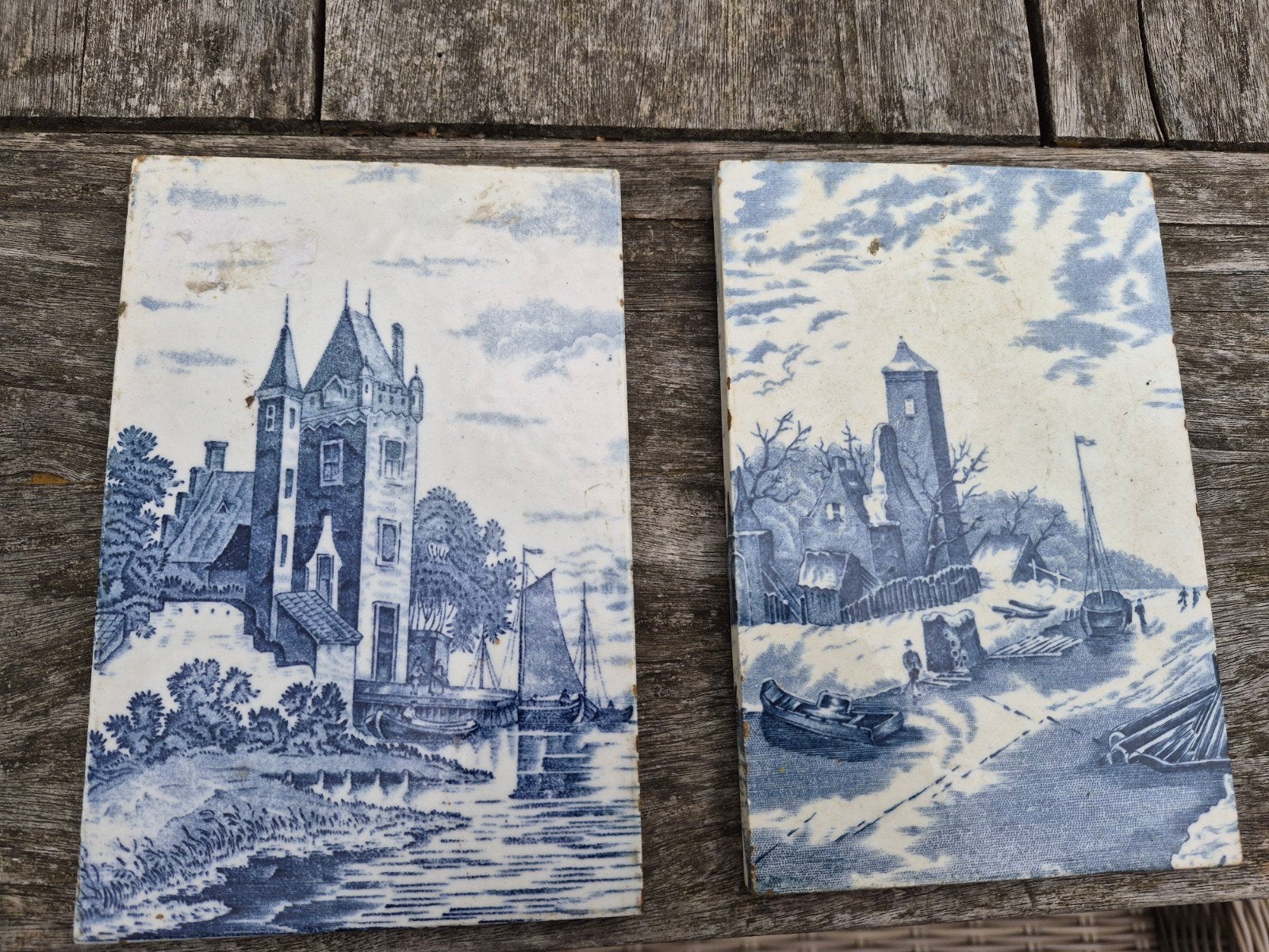 2 vintage tegeltableau's. Delfst blauw. Kasteel/winters, Ophalen of Verzenden