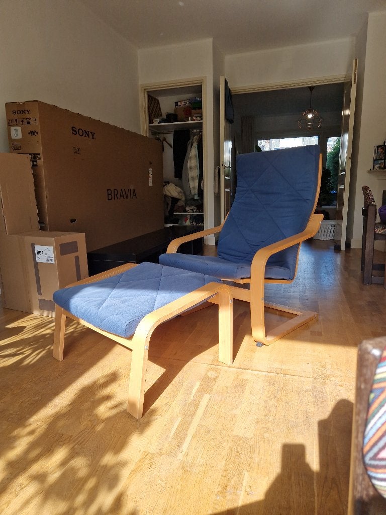 IKEA POÄNG fauteuil met bijpassende POÄNG voetenbank, Ophalen, Gebruikt, 75 tot 100 cm, 50 tot 75 cm