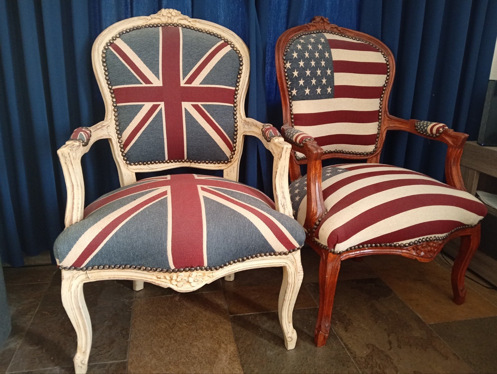 Unieke stoelen: VK en USA vlag design, opnieuw gevuld, Ophalen of Verzenden
