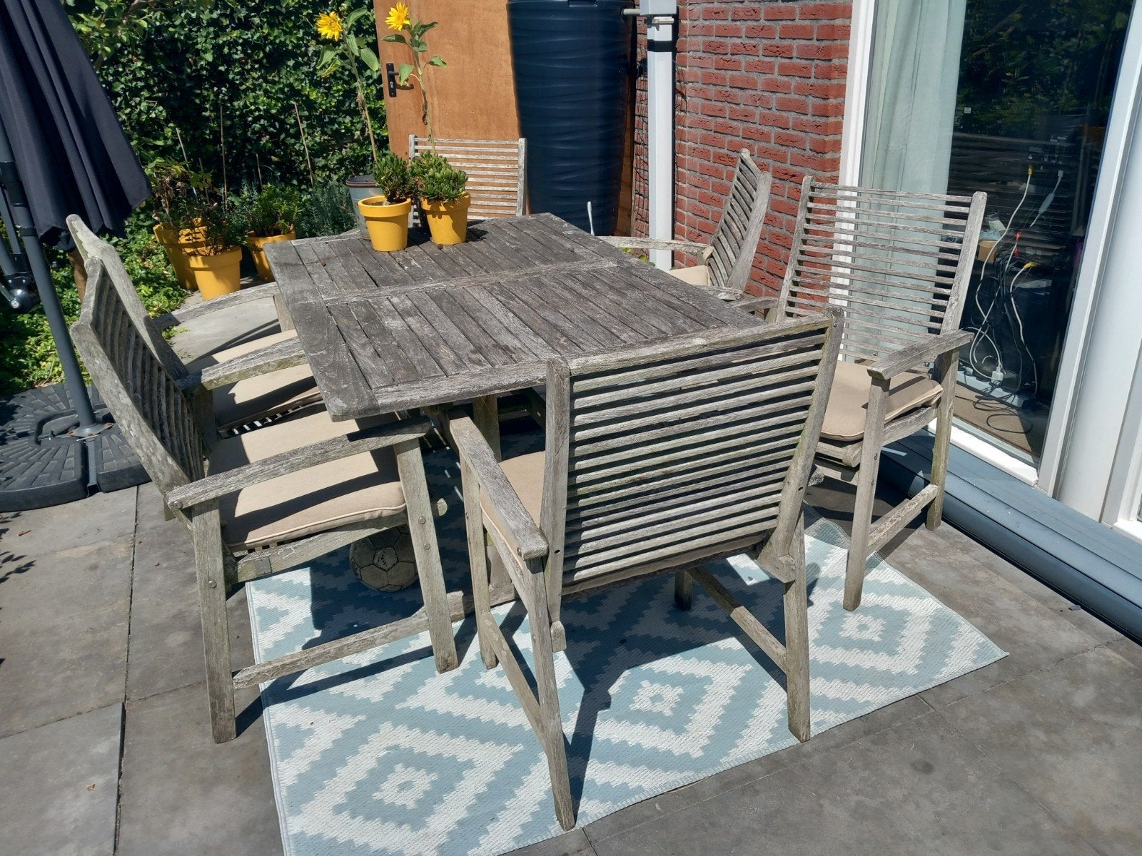teakhouten tafel uitschuifbaar en 6 stoelen met kussens, Ophalen, Gebruikt, Teakhout, Stoel