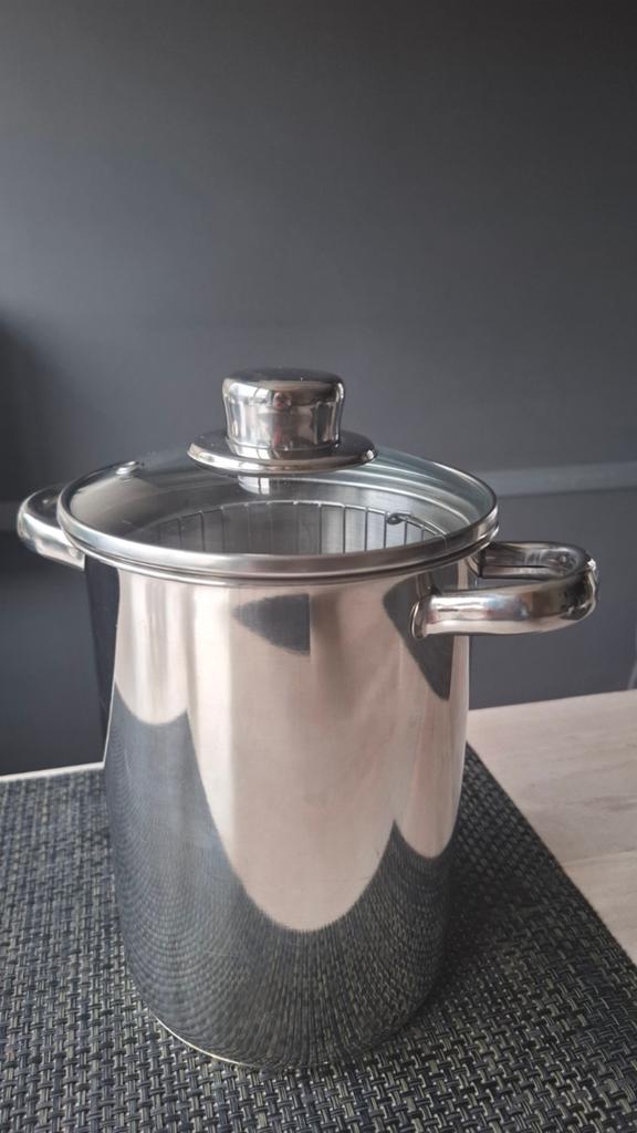 RVS  Aspergepan-Kookpan met Frituurmand - ZGAN - Ø14cm H20cm, Ophalen of Verzenden, Zo goed als nieuw, Rvs
