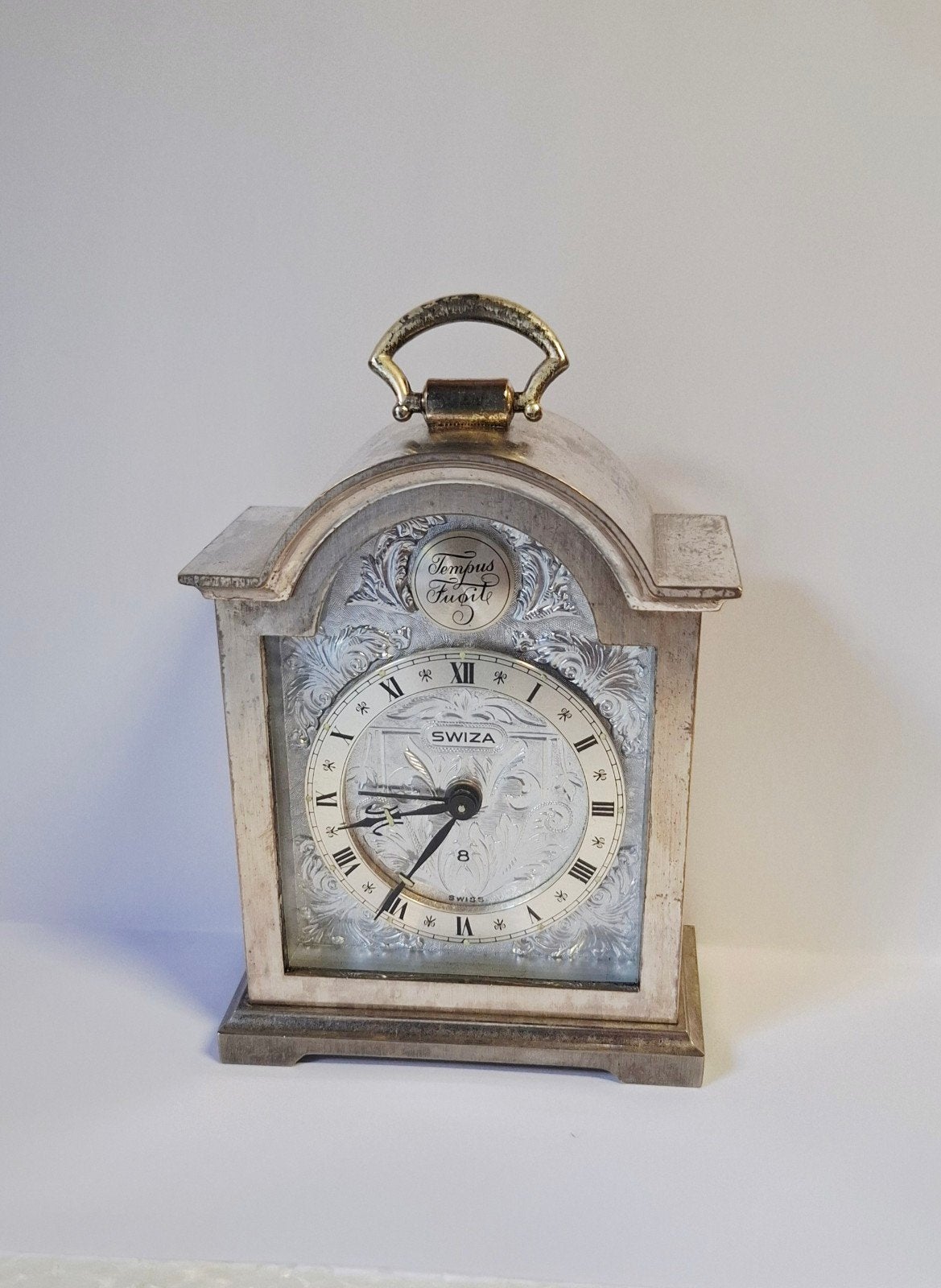 Antieke SWIZA Zwitserse Tafelklok - Tempus Fugit, Antiek en Kunst, Ophalen of Verzenden