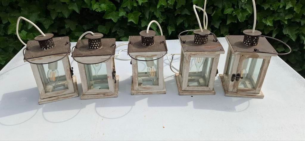 Set van 5 rustieke houten lantaarns met verlichting, Ophalen of Verzenden, Gebruikt, Rustiek, Landelijk, Vintage