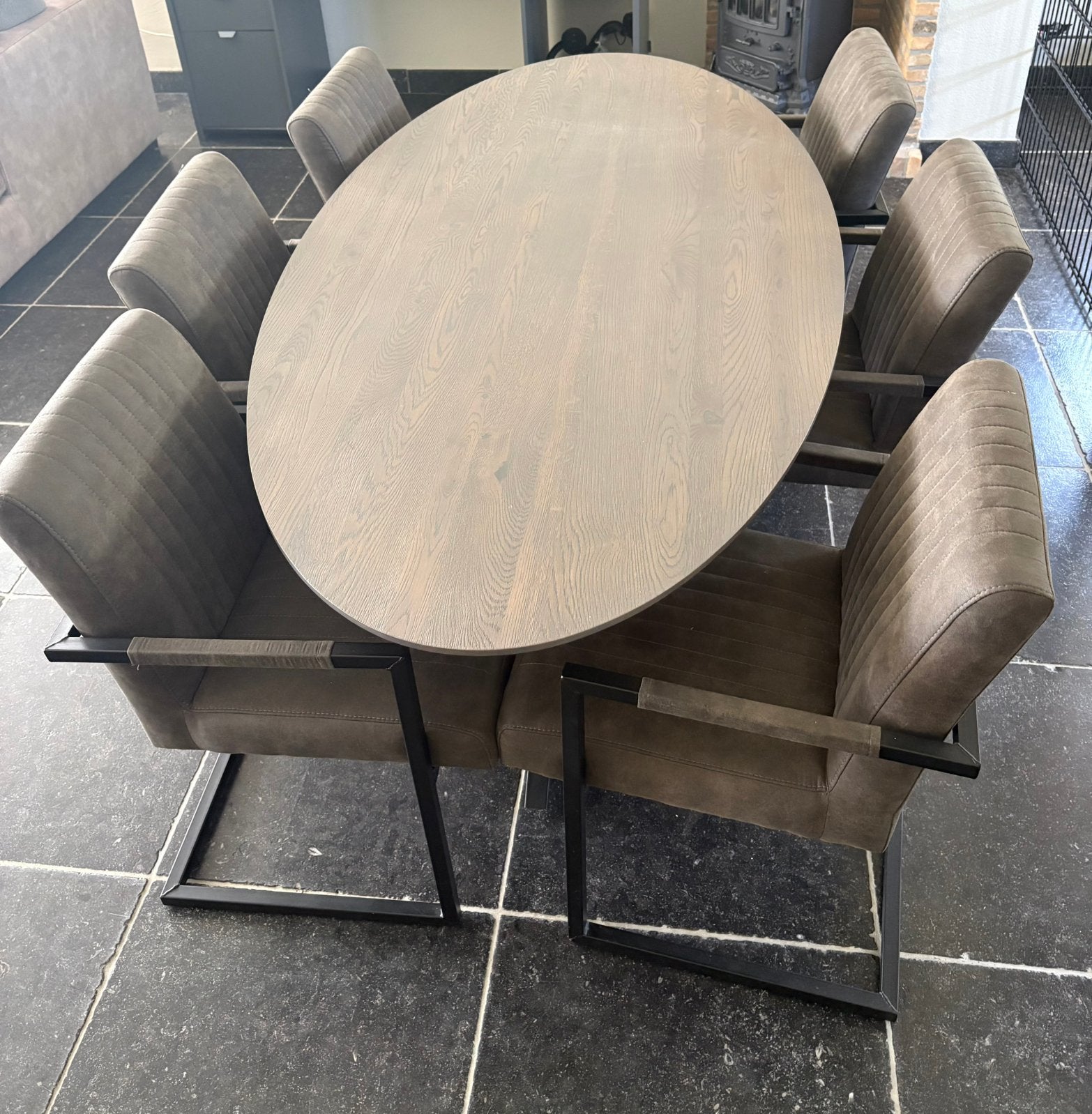 Ovale eettafel met stoelen, Tuin en Terras, Ophalen, Zo goed als nieuw, Eettafel